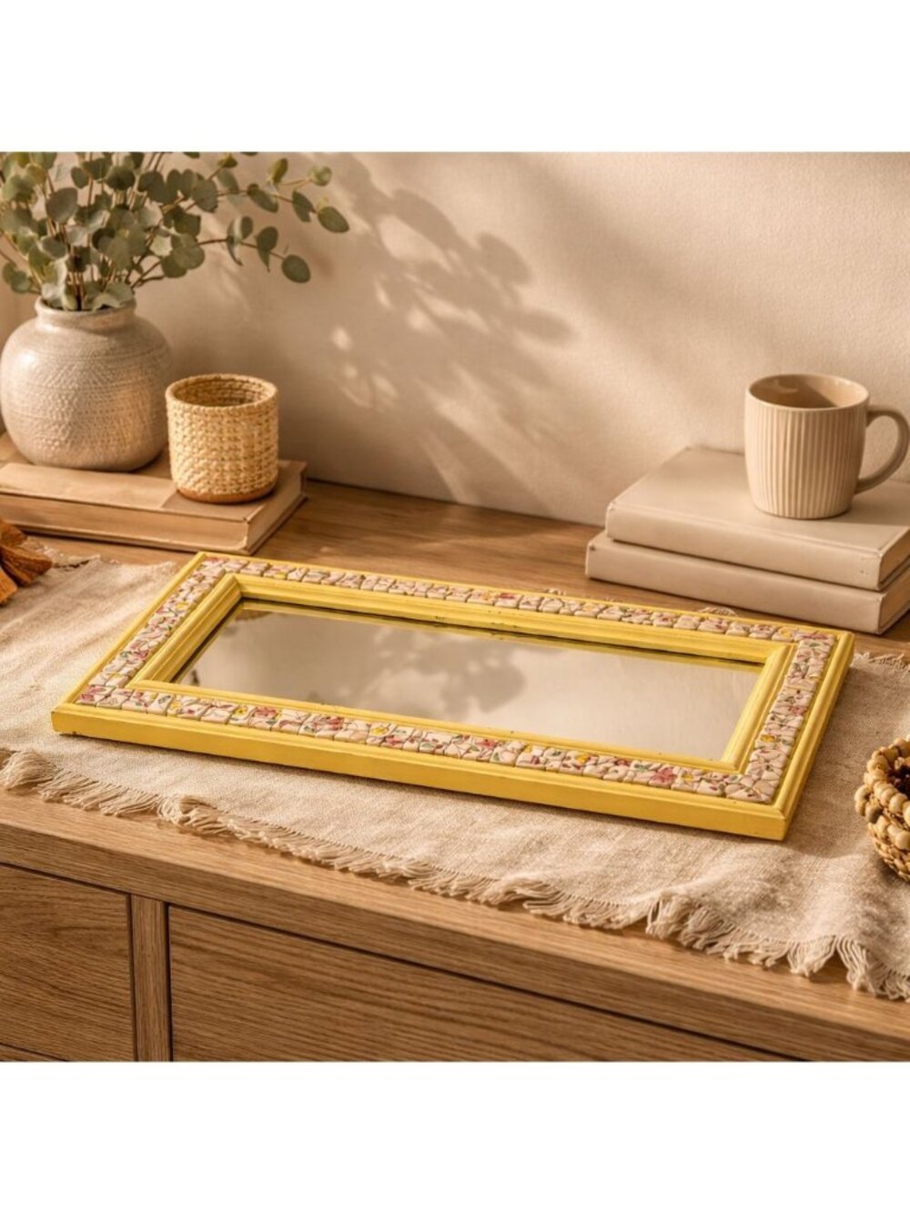 Mosaic Yellow Mirror Handcrafted Floral Tile Frame Shabby Chic Wall Decor VTG
